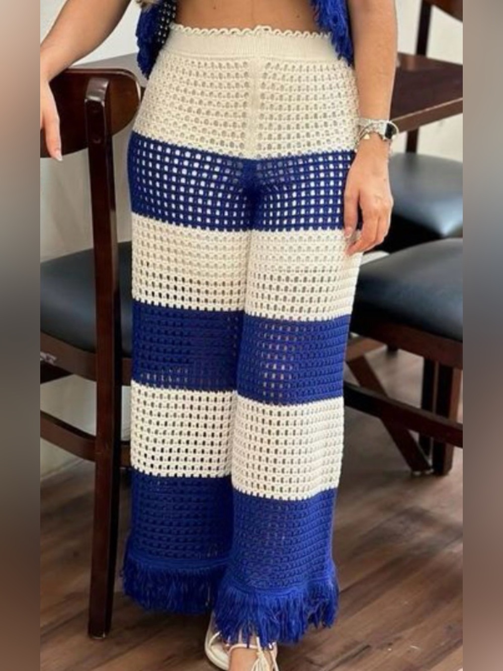 FARM Rio Crochet Fringe Wide-Leg Striped Pants in Blue and White